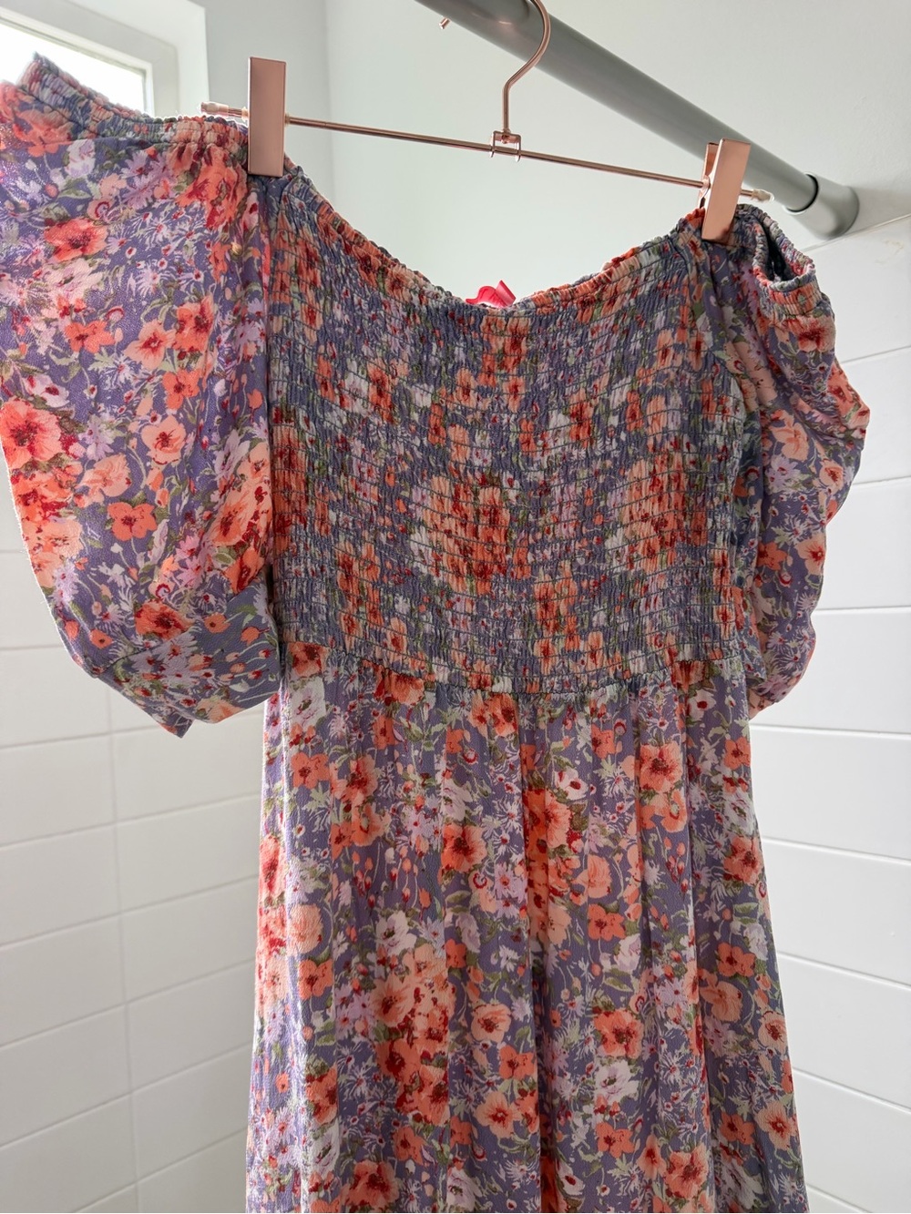 Worth Floral Off-Shoulder Smocked Dress in Purple & Coral
